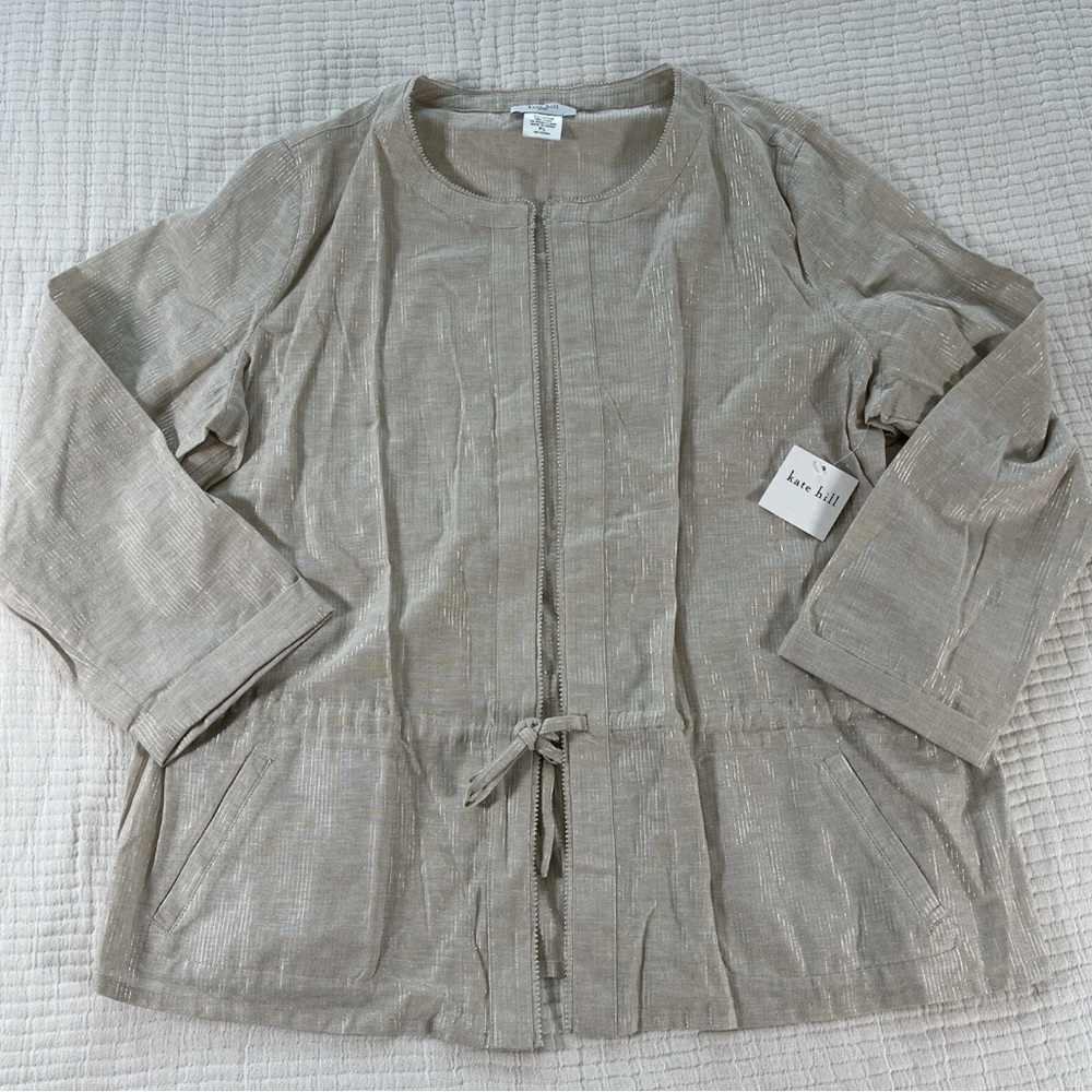 Kate Hill Jacket Womens Cream Top Linen Blend Tie Front Metallic Sz PM